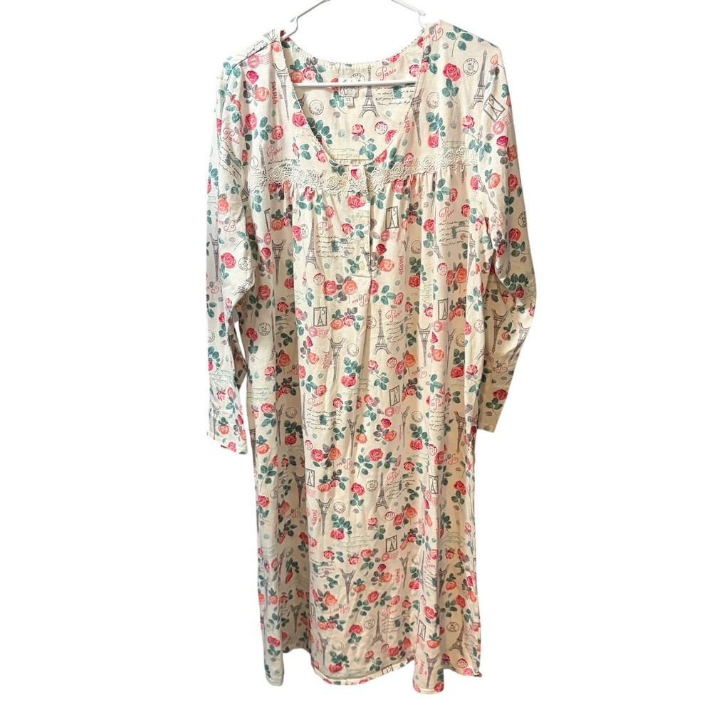 Aria Nightgown Long Sleeve Paris Eiffel Tower Floral Lace Trim Cream 3X